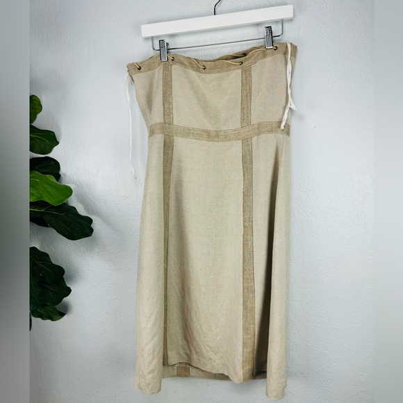 Harvey Bernard 100% Khaki Linen Two Piece Strapless Dress & Linen Fringe Jacket - Picture 9 of 12